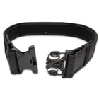 It is constructed of poly-webbing for a firm and durable platform to hold duty gear and has an ABS quick-release buckle